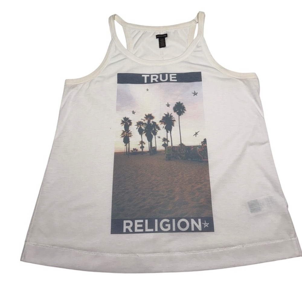 True Religion White Tank Top Palm Tree Graphic Racerback Beach Sunset Large